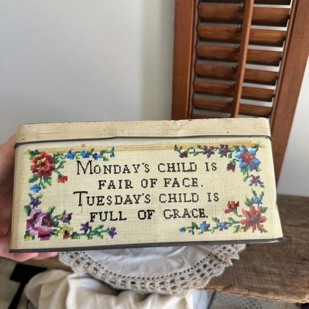 Vintage Carrs of Carlisle England Metal Tin Monday Child Needlepoint Design